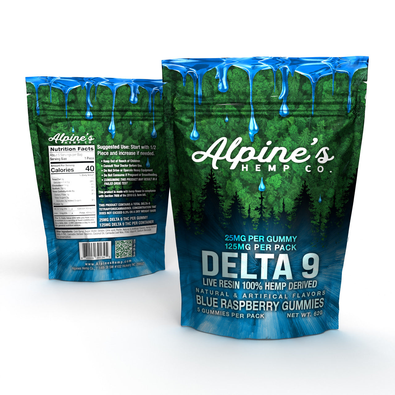 Alpine's Live Resin Delta 9 Gummies, 25mg each- Blue Raspberry- 5 pack